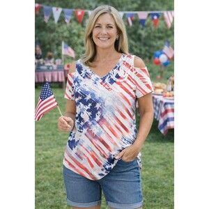 Women’s Patriotic American Flag Cold Shoulder Top Red White Blue V-Neck Short...